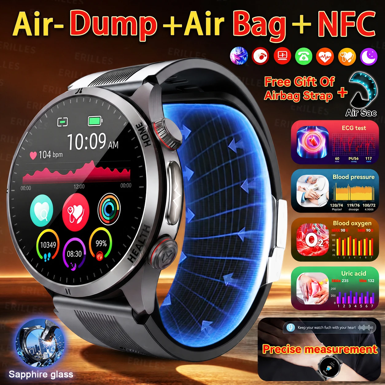 Sapphire Glass AMOLED Blood Pressure Smart Watches ECG Blood Oxygen Blood Pressure Air Pump Sport Health Tracking Smartwatch NFC