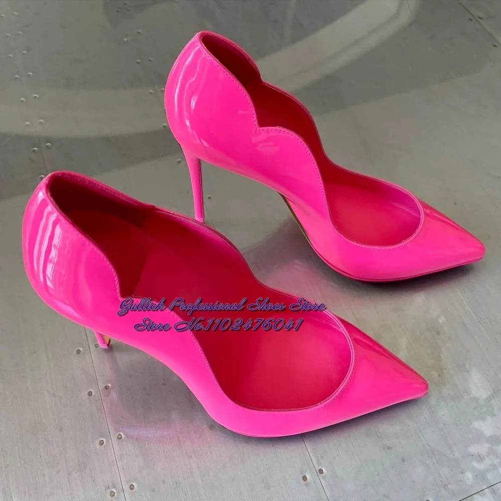 

Women Hot Pink Patent Leather Irregular Shallow Cut Wedding Shoes 12cm 10cm 8cm Stiletto Heels Pointed Toe Pumps Slip-On Shoes