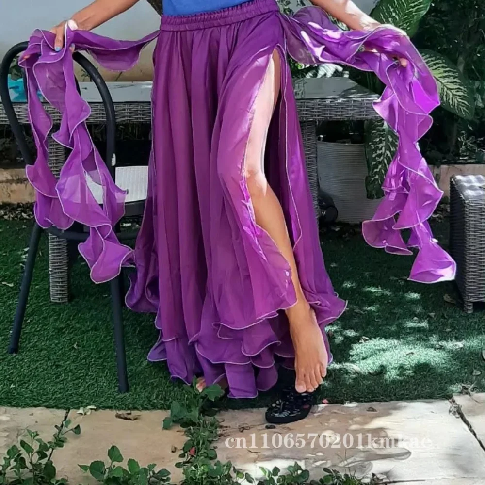 

Purple Belly Dance Skirts Oriental Double High Slits Belly Dance Costume Skirt For Women Skirt Belly Dance (Without Belt)