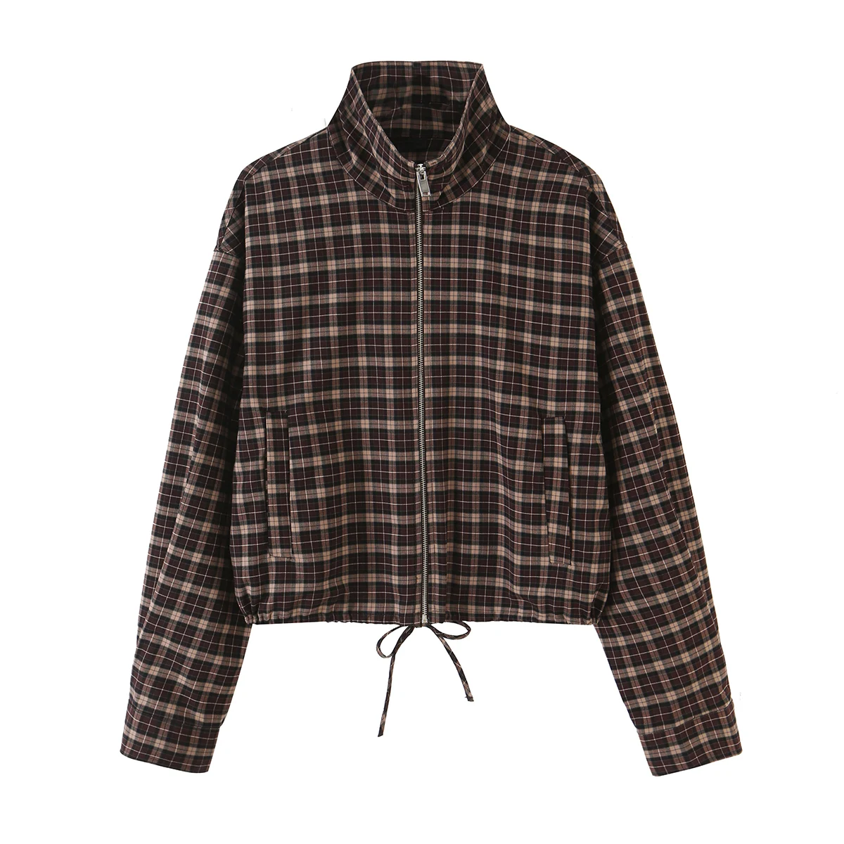 BSAY Preppy Style Women Checkered Two Piece Suit Stand Collar Zip Cropped Jacket & Wide Pleated Skort Autumn Fashion Co-ord Set