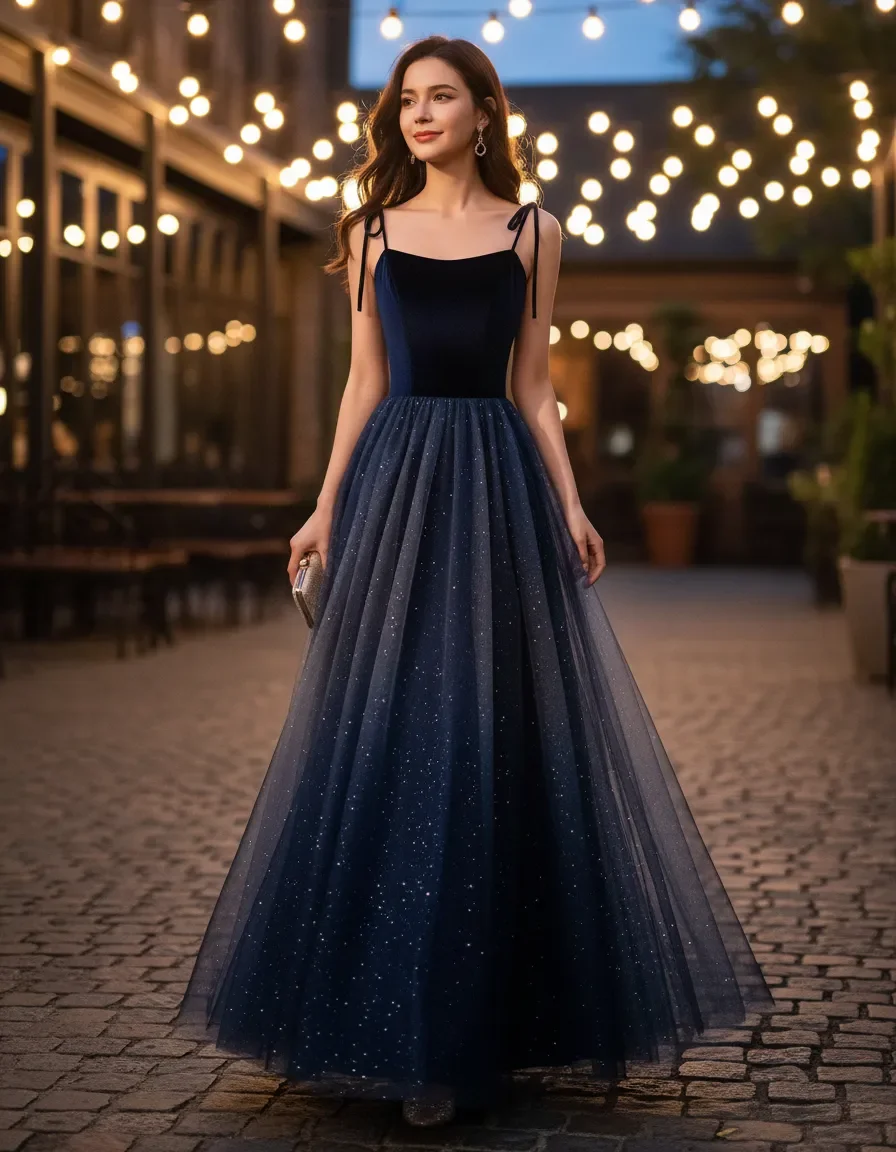 Navy Blue Velvet & Tulle Evening Dress with Starry Glitter Skirt & Corset Back for Prom, Quinceanera & Formal Events