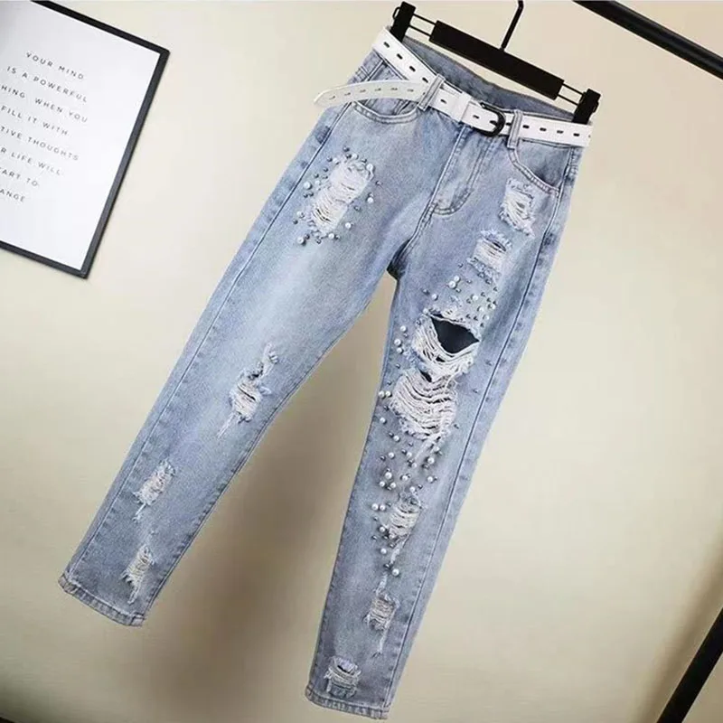 Summer Women's Fashion  Ripped Jeans New Loose High Waist Jeans Beads Rhinestones Harem Pants Female Street Holes Denim Trousers