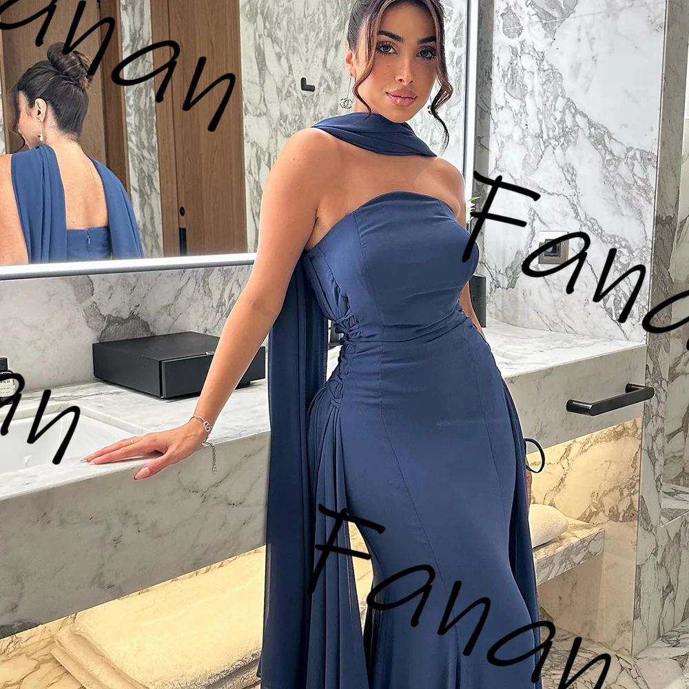 Customized Exquisite Strapless Sweep Train Jersey backless Prom Evening Dresses  Sequined Retro Blue elegant Pleat Party Dresses