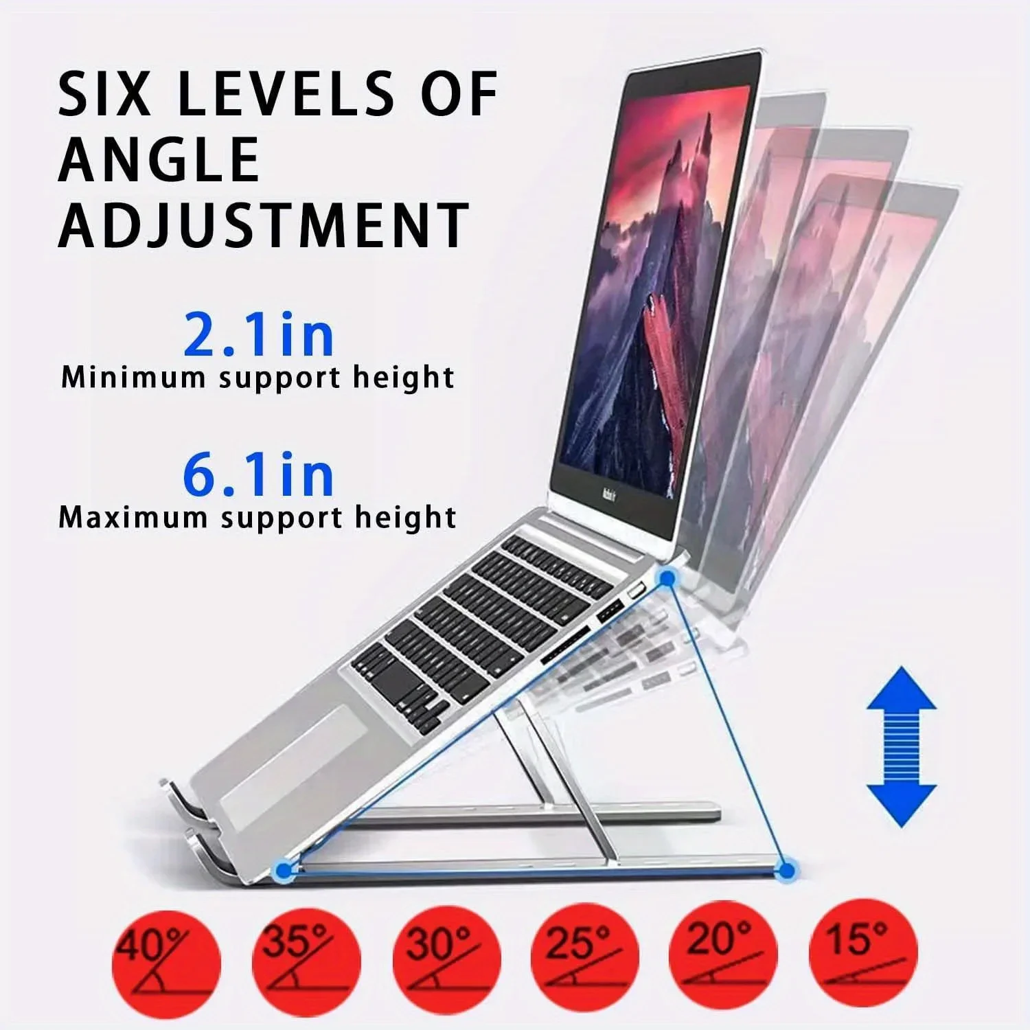 Adjustable Aluminum Laptop Stand - 6-Level Height, Foldable & Portable Design For 8-16” Laptops, Enhanced Ventilation & Heat