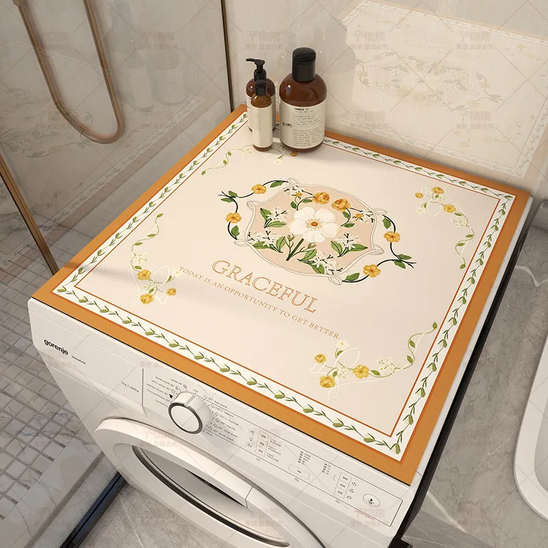 VIKAMA Graceful Yellow Flower Washing Machine Top Mat Orange Frame Text Print Waterproof Anti Dust Laundry Dryer Cabinet Pad Rug