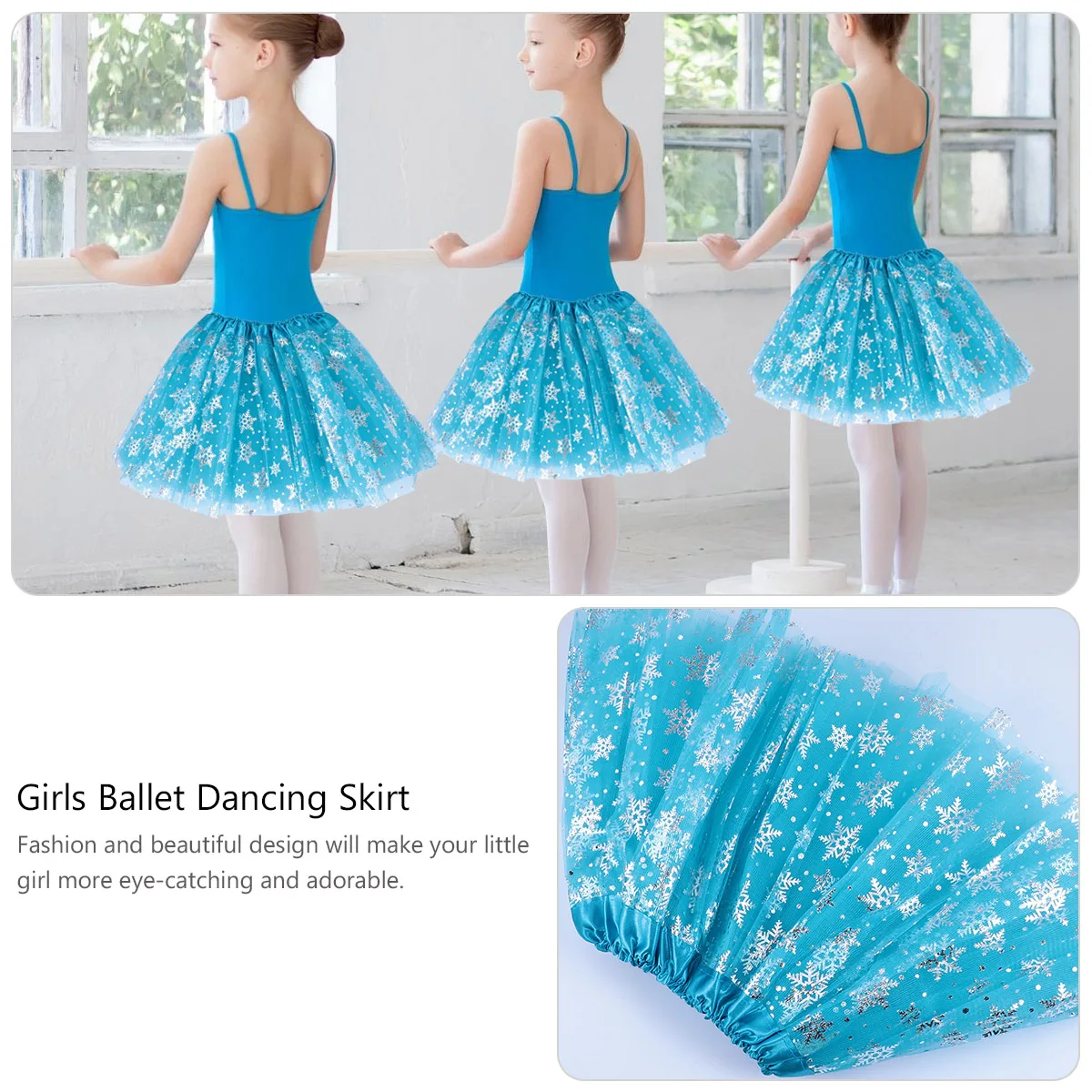 Snowflake Tutu Skirt Christmas Costume Kids Girls Ballet Dance Blue Polyester Safe Comfortable Durable Elastic Band Easy
