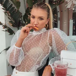 Summer Sexy Thin Mesh Women Polka Dot Sheer See-through Tops Bikini Cover-Ups Puff Long Sleeve Blouse Shirts Beachwear Loose Top