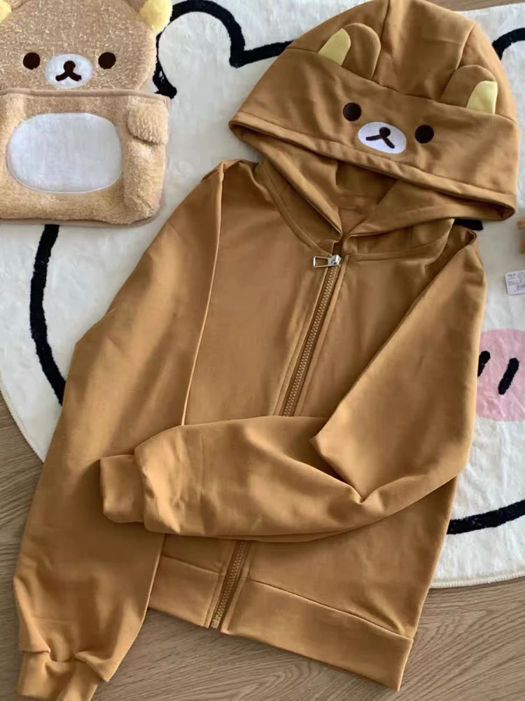 ADAgirl hoodie telinga beruang lucu kaus ritsleting lengan panjang wanita untuk remaja perempuan gaya Jepang musim semi musim gugur pakaian katun