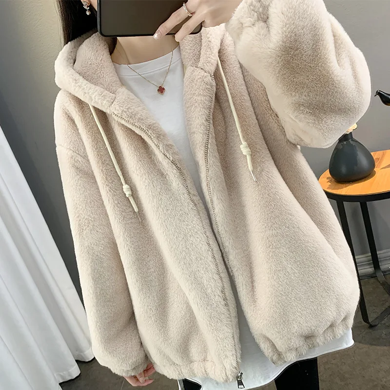 Faux Fur Coats Mid Length Jackets Women Hooded Coat Thick Warm Y2k Streetwear Jacket Zipper Casual Loose Outerwear Autumn Winter