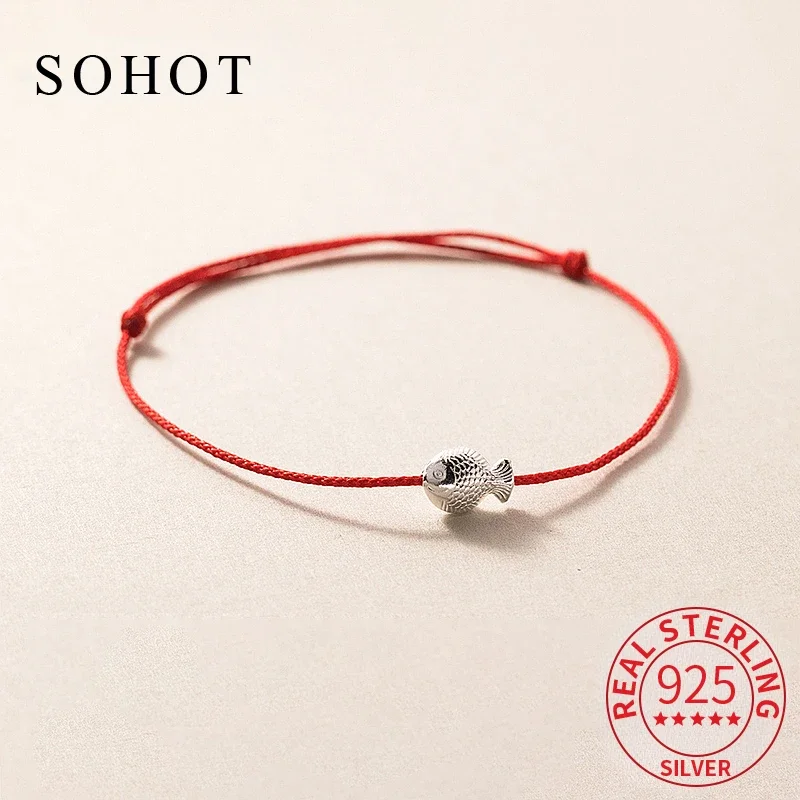 

Real 925 Sterling Silver Fish Hand-knitted Charm Bracelet for Women Trendy Animal Fine Jewelry Minimalist Adjustable Accessories