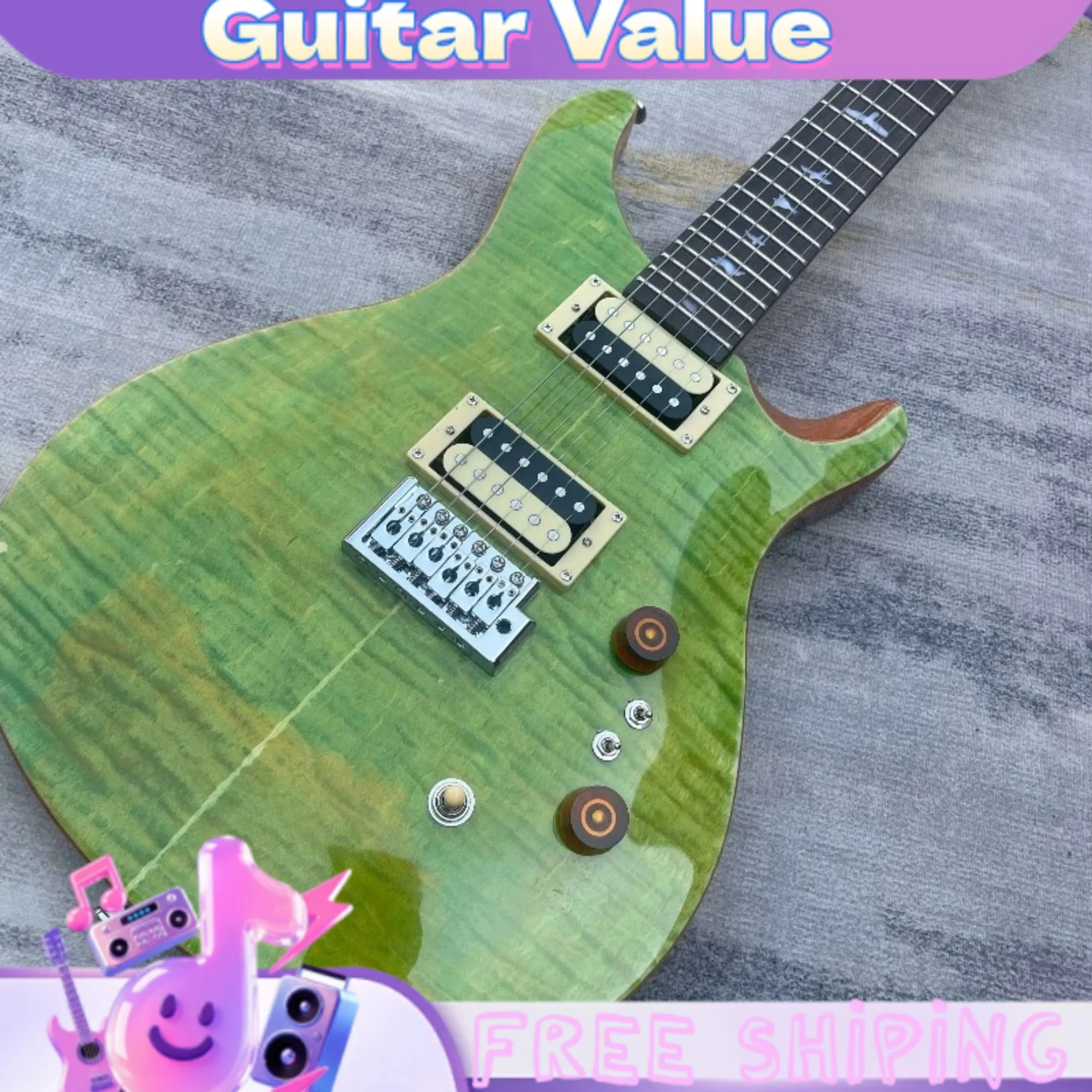 Gloss Fluorescent Green Flame Veneer PRS Electric Guitar HH Pickup Dual Humbucker Pickups Bird Fret Inlay Metal Rock Guitar