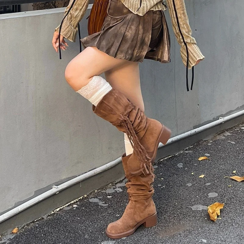 

Vintage Brown Tassel Slouch Boots for Women2025Autumn and Winter New Thick Heel High Boots Wasteland Style Western Boots High
