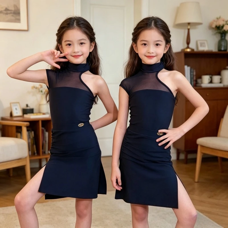 Girls Black Latin Dancewear Irregular Cha Cha Costume Leotard with Slit Skirt for Summer Performance Dance Wear Line Dance Top