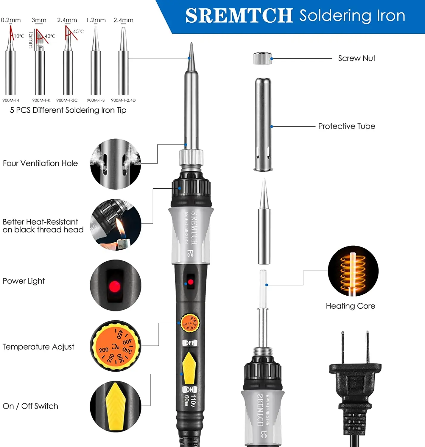 Kit de soldador de 60W, 2023 V, 110V, lápiz de calor, herramienta de soldadura, pasta de flujo, limpiador de puntas de alambre, pinzas, herramientas