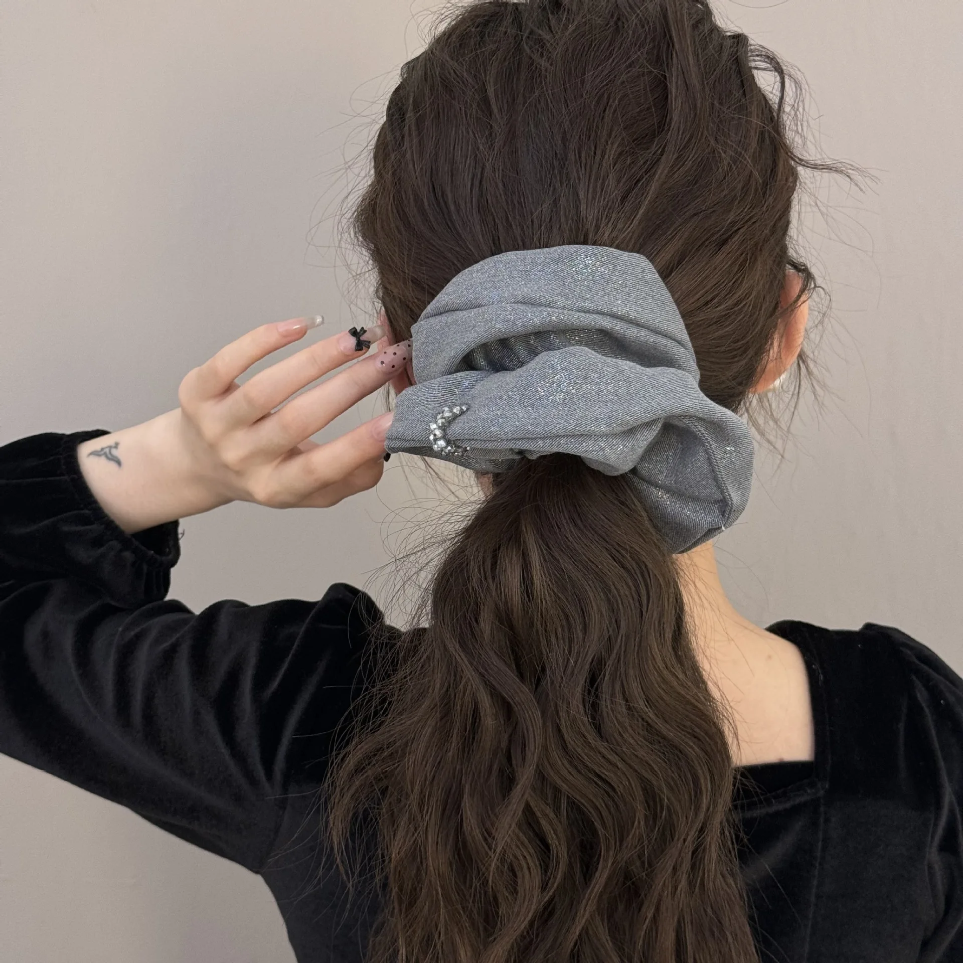 Fashion Women Black Gray Hair Scrunchies Vintage Crystal Bowel Ring Elegant Hair Ties Simple Ponytail Holder Head Bands