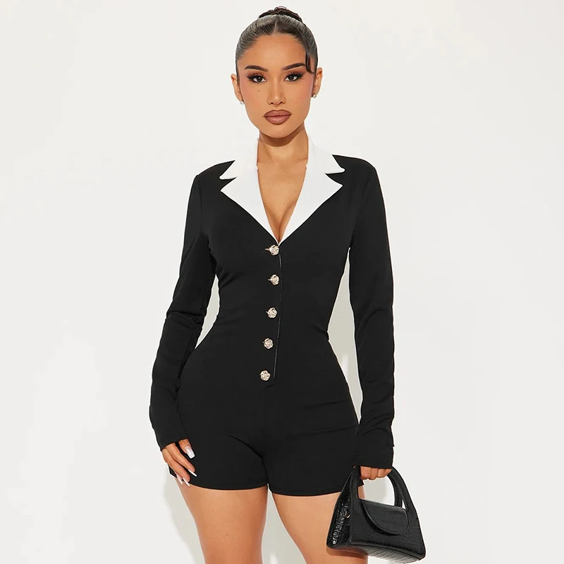 CUTENOVA الخريف الزي المرأة شيك روز معدن زر التلبيب الرقبة طويلة الأكمام المجهزة Playsuit المتطورة أنيقة ثوب بودي كون