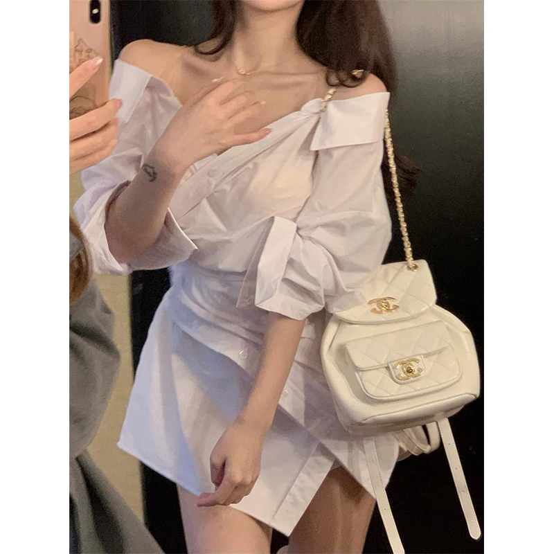 Estate autunno moda Sexy al largo della spalla Slip Shirt Dress Ladies White pieghe irregolari Mini Vestidos femminile manica lunga Robe