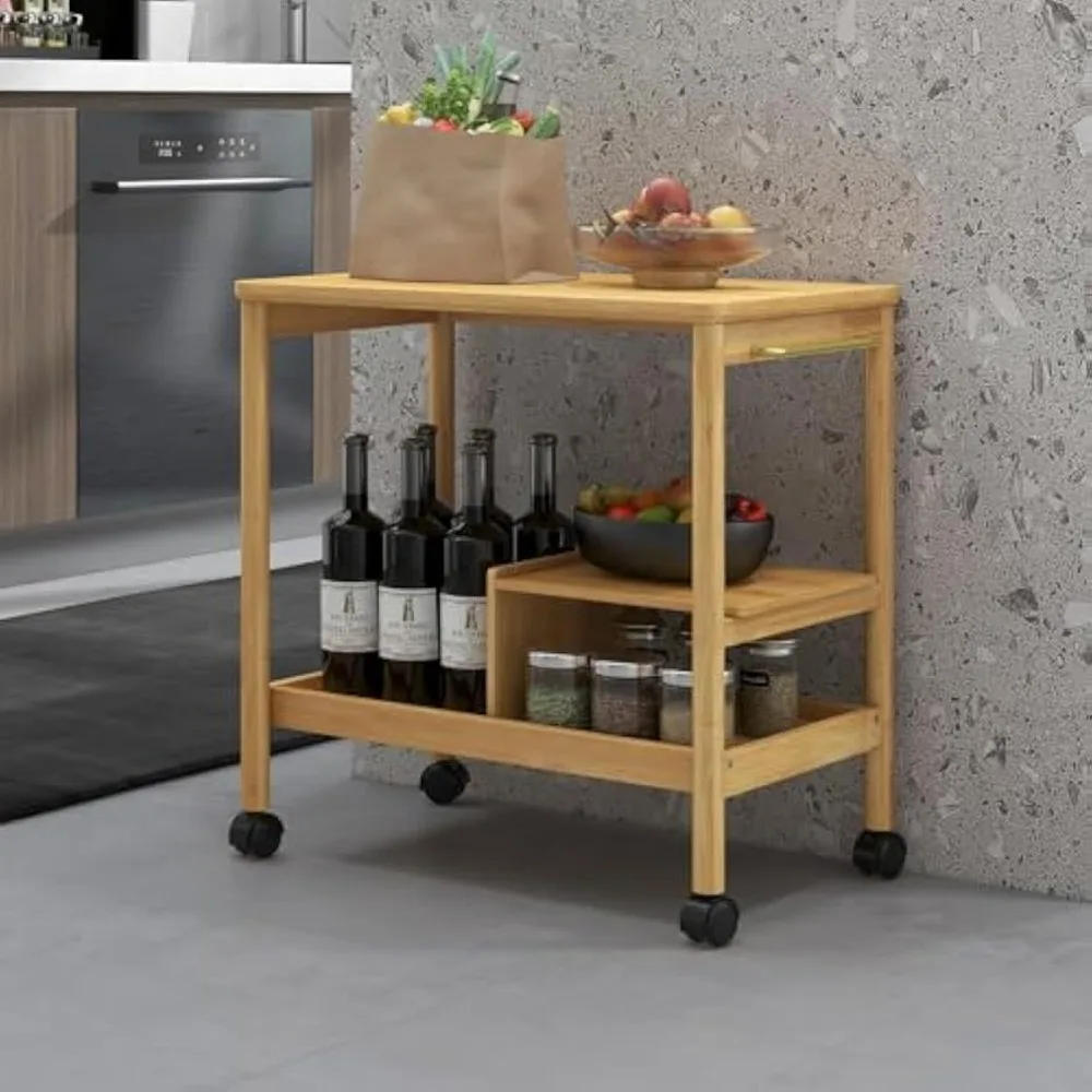 

Bamboo Kitchen Storage Cart - 3 Tier Portable Rolling Utility Cart Storage Trolley, Multi-Functional Narrow Mobile Organi