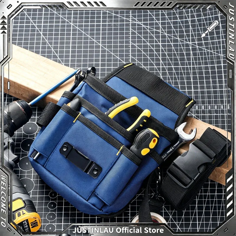 JUSTINLAU Small Tool Belt Pouch Adjustable Strap Multi‑Pocket Screwdriver Loops Carpenter Waist Bag Electrician Work Organizer