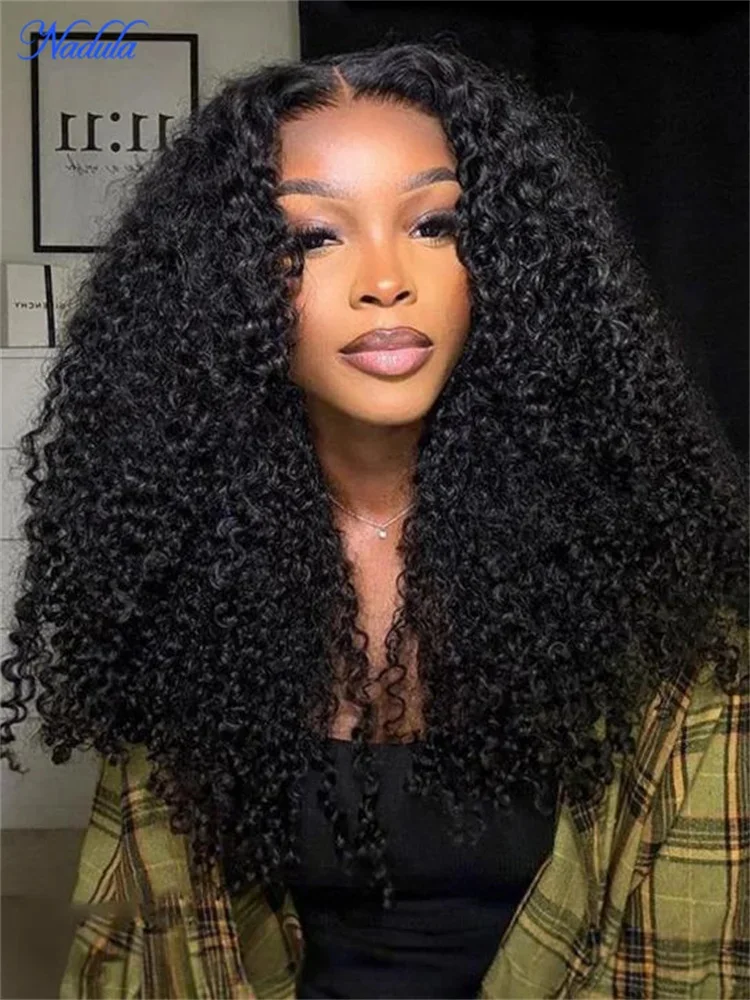 Nadula Kinky Curly Human Hair Wig with Baby Edges 7x5 Bye Bye Knots Pre Cut Transparent Lace Glueless Wig with Drawstring 16-24inch Density 180% Natural Black 100% Human Hair Wig Ready to Wear for Women
