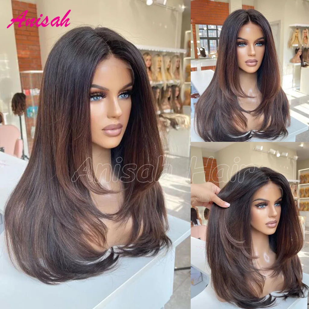 

Brazilian Remy Virgin Hair Ombre Brown Colored Lace Front Wig Human Hair Pre Plucked Glueless Straight Lace Closure Layered Wig