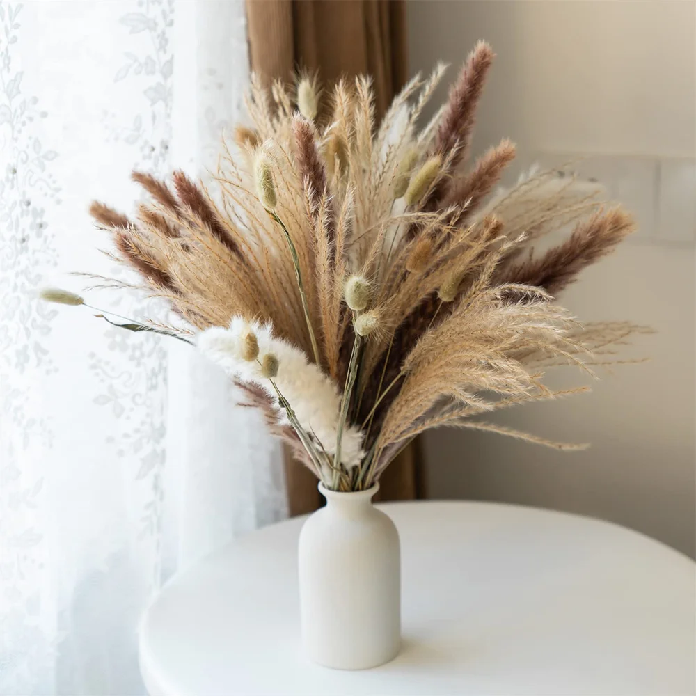 

100Pcs Pampas Grass for Boho Home Room Decor,Natural Brown White Fluffy Pampas Floral Dried Flowers Bouquet Wedding Room Decor