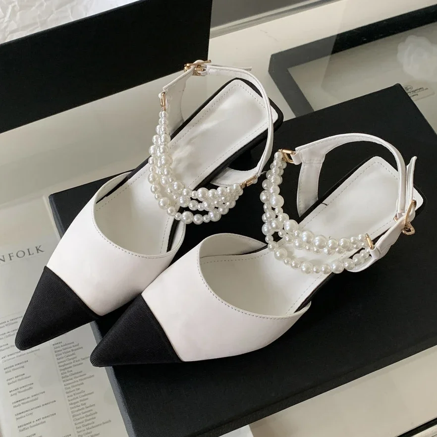 Luxury Pearl Pointed Toe High Heeled Sandals Women Hollow String Bead Classic Sandals Female Elegant Fashion Mueller Pumps Women