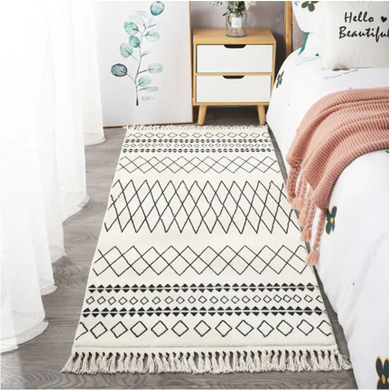 

Morocco Style Carpet Kilim For Home Living Room Bedroom Bedside Rug Thick Tassel Carpet Black White Geometric Plaid Flurry Rug