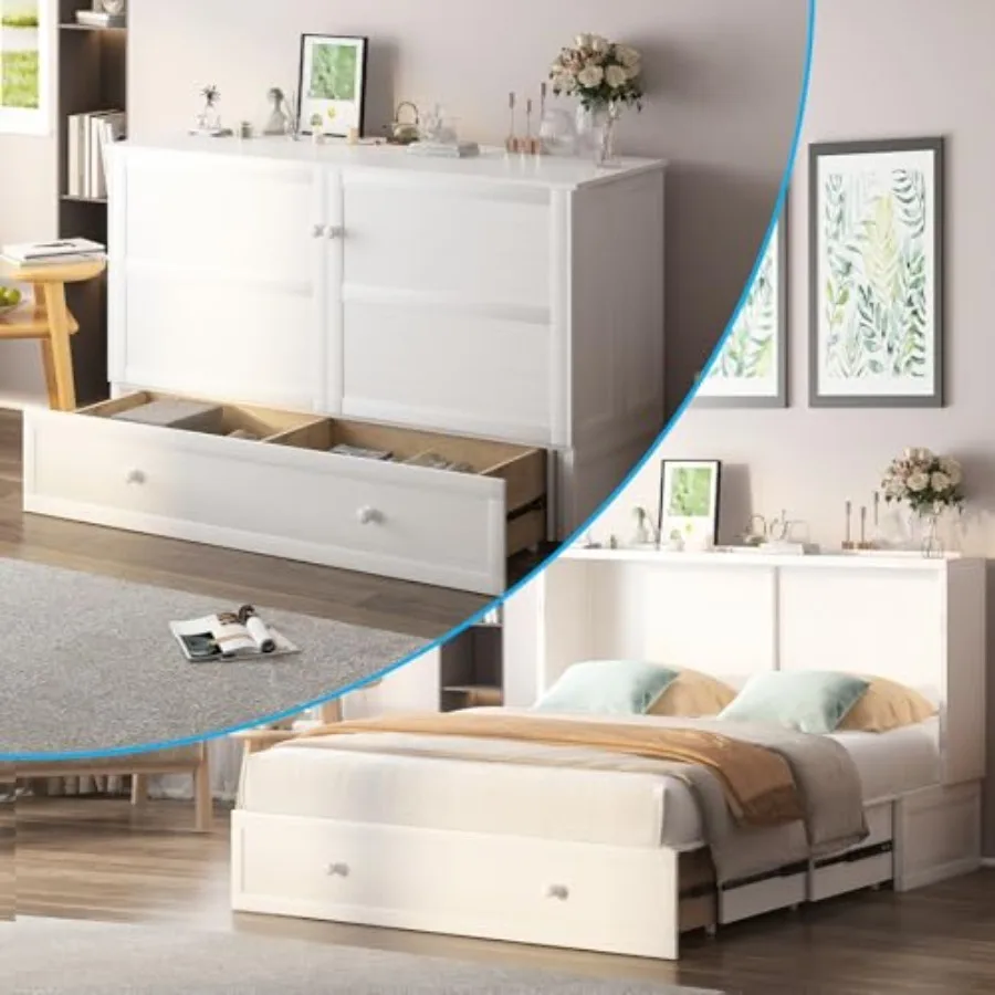 

Murphy Bed Cabinet Queen Size with Built-in USB Charging Station and 2 Storage Drawers, Solid Wood Cabinet Beds with Tri-Foldin