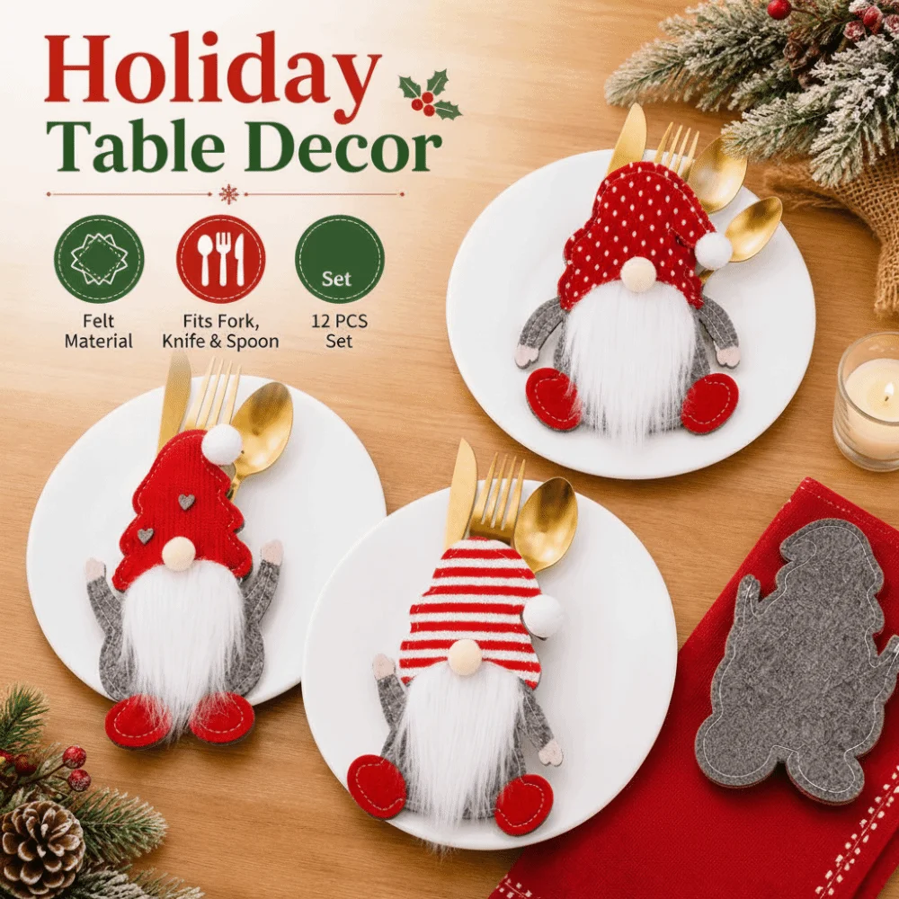 Felt Christmas Utensil Pocket Beard Decorative Hat Pattern Christmas Gnome Cutlery Holder Christmas Table Setting Dining Case