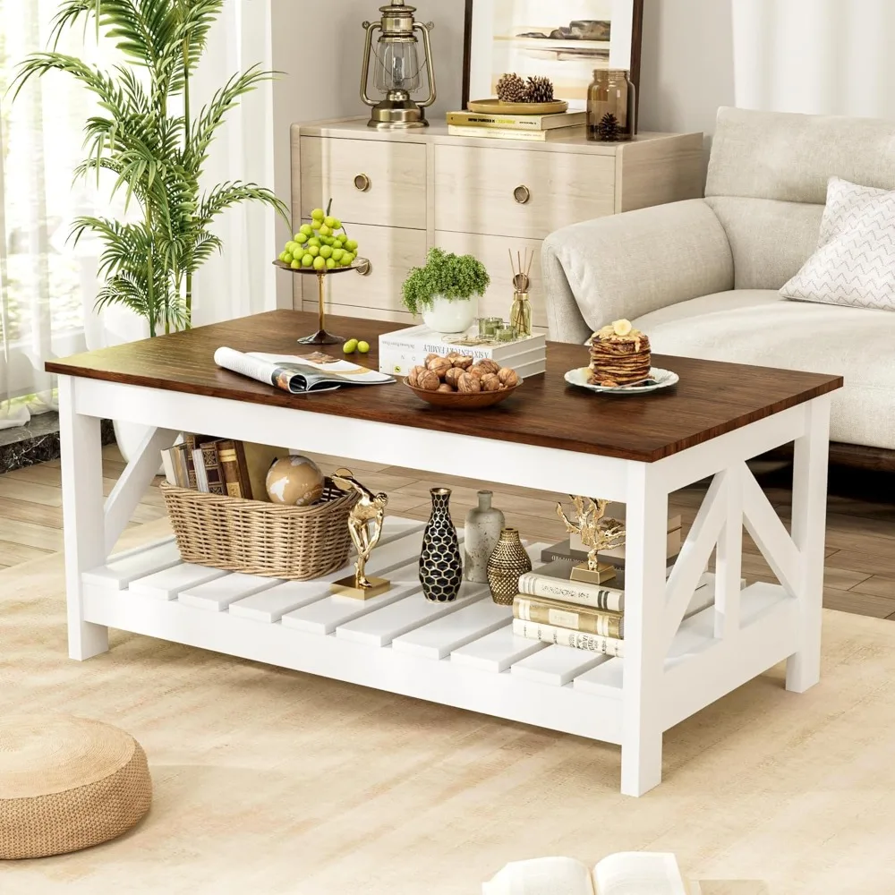 

39” Farmhouse Coffee Table for Living Room, 2-Tier Modern Living Room Table with Storage Shelf