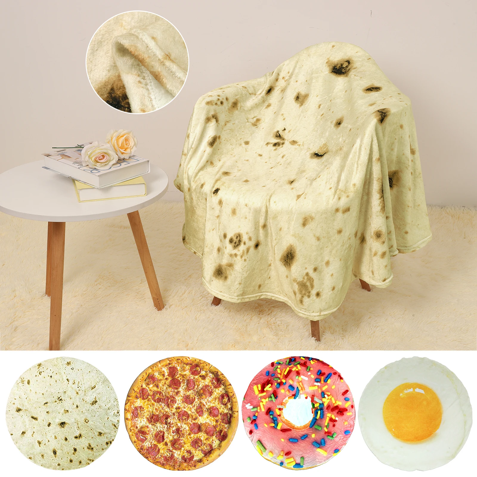 Double Sided Soft Flannel Giant Flour Blanket Burritos Tortilla Throw 285 GSM Taco Blankets Fly Pie Pizza Warm Wrap Food Blanket