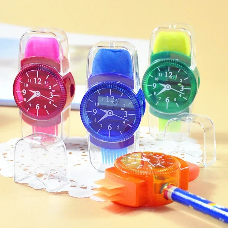 

1pc Funny Watches Shaped Mini Colourful Pencil Sharpeners with Erasers Brush School Girls Supplies Machine Pencil Sharpener