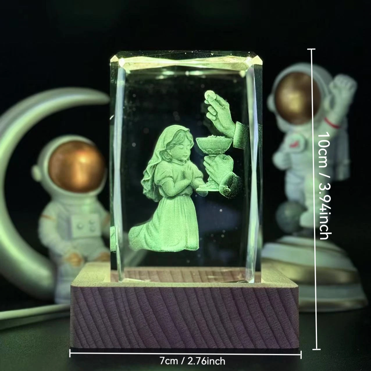 1pc,3D laser carved Crystal Communion girl square nightlight, with colored light wood lamp holder, home decoration decoration, s