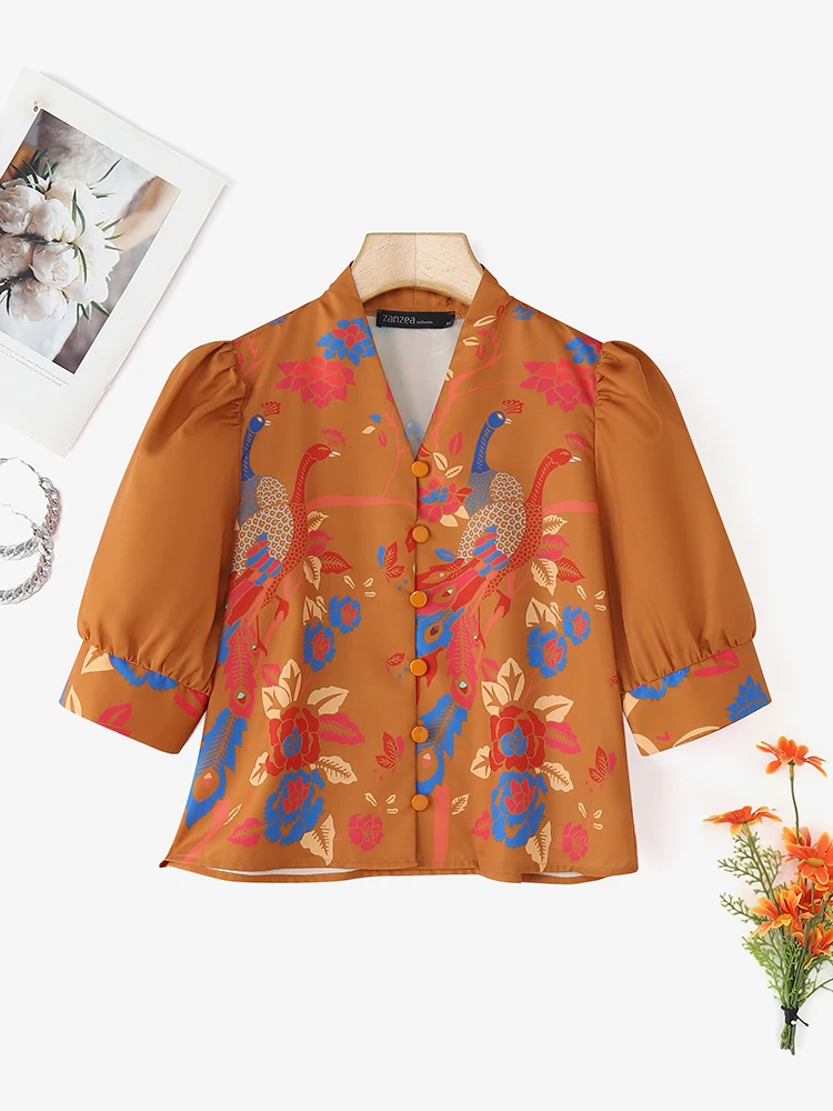 ZANZEA Camicette da donna eleganti e chic con stampa pavone Camicette con scollo a V Mezza manica a sbuffo Camicie con bottoni Abbigliamento donna bohemien Pendolarismo S-3XL