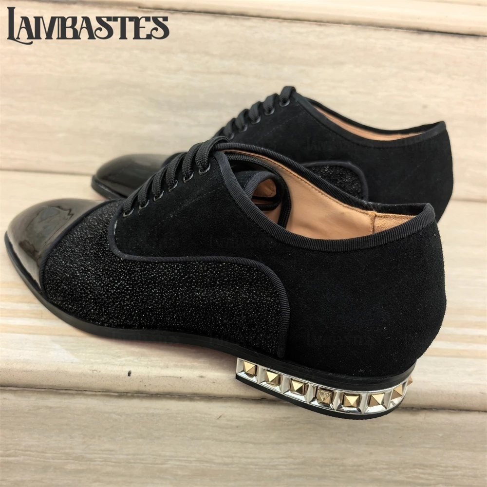 Studded Heel Mixed Material Oxford Shoes Patent Almond Toe Glitter Panel Lace up Dress Shoes Suede Upper Designer Handmade Shoes