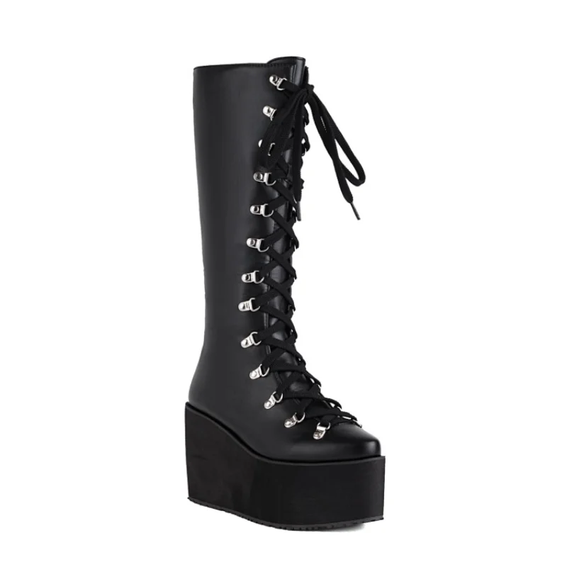 Patent Leather Ladies\' platform BOOTS Winter boots Square toes Lace-up Wedge heel boots esque platform Knee-high Boots