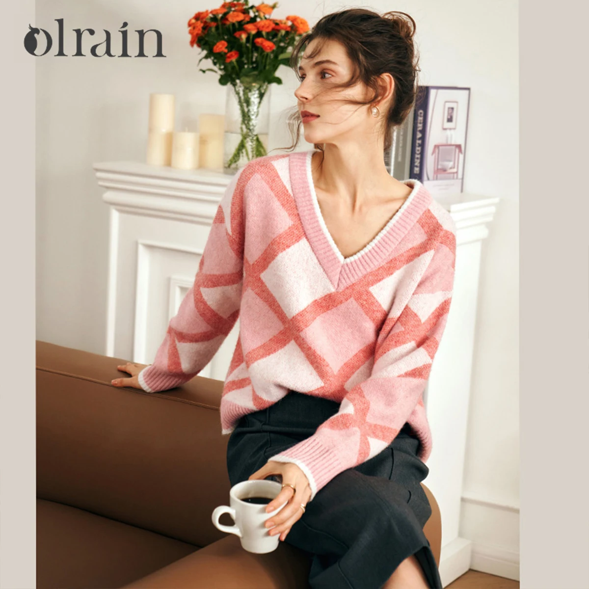 

OLrain Women's Sweater V-neck Long Sleeve Pullover Sweaters Autumn 2026 Argyle Casual Knitted Tops Female Clothing O23DM66665