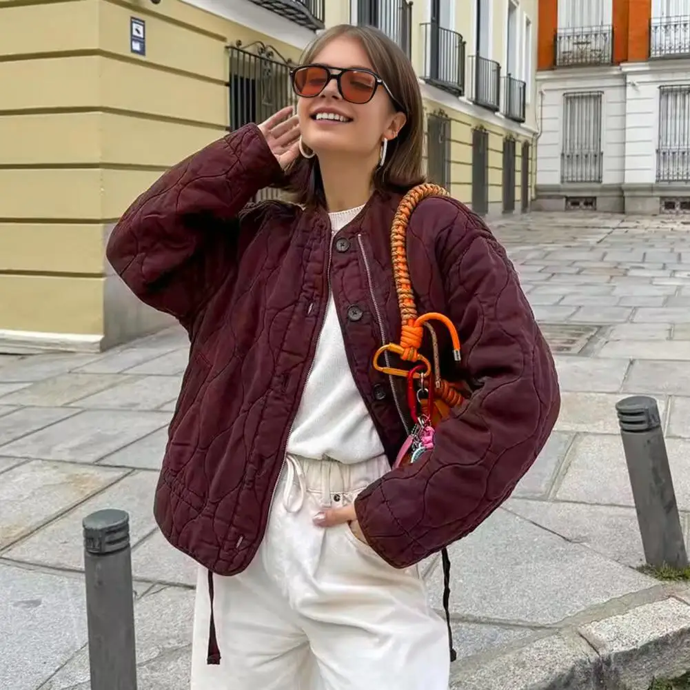 

Women Coat Round Neck Long Sleeve Solid Color Jacket with Pockets Versatile Style Thickened Casual Outerwear