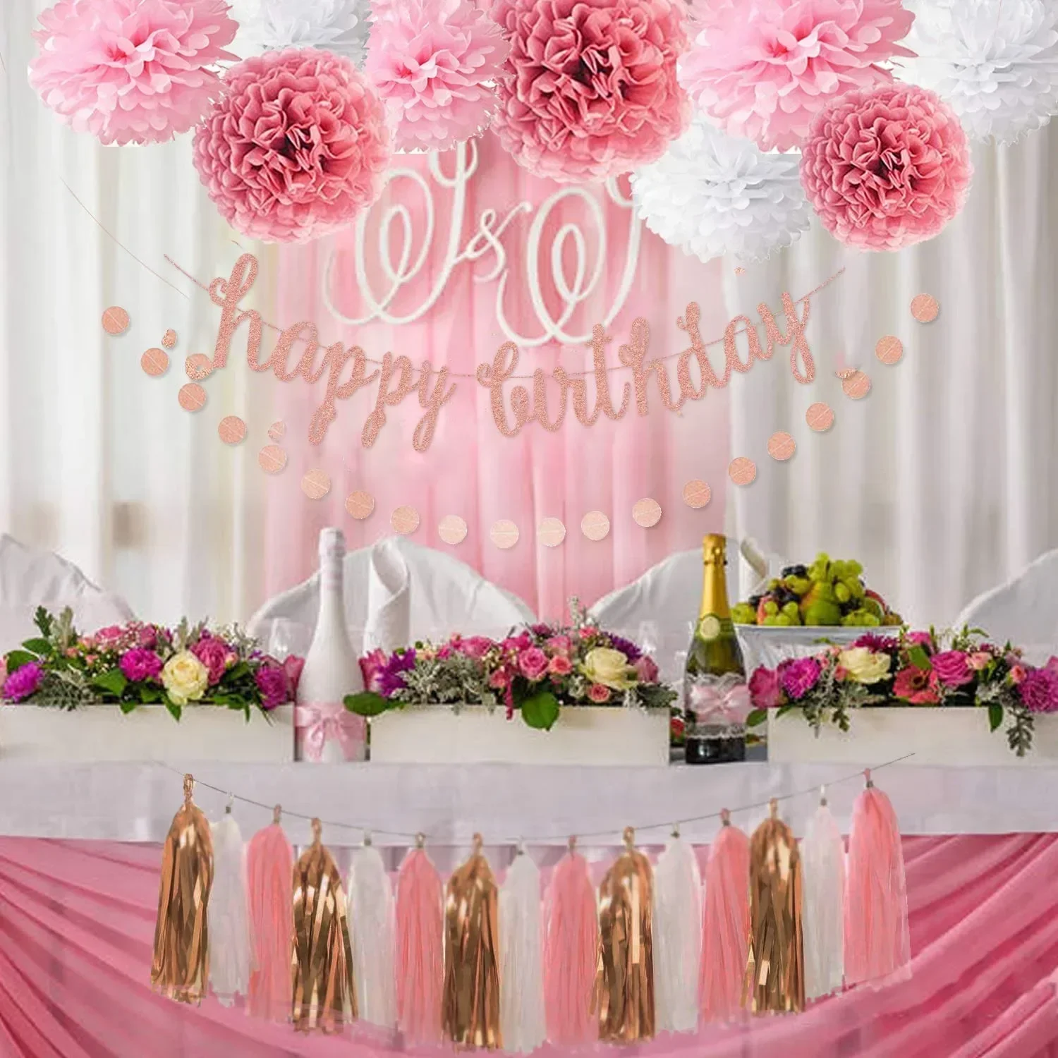 Pink Rose Gold Birthday Party Decorations Kit Glittery Birthday Banner Tissue Paper Pom Tassel Garland and Circle Dots Garland