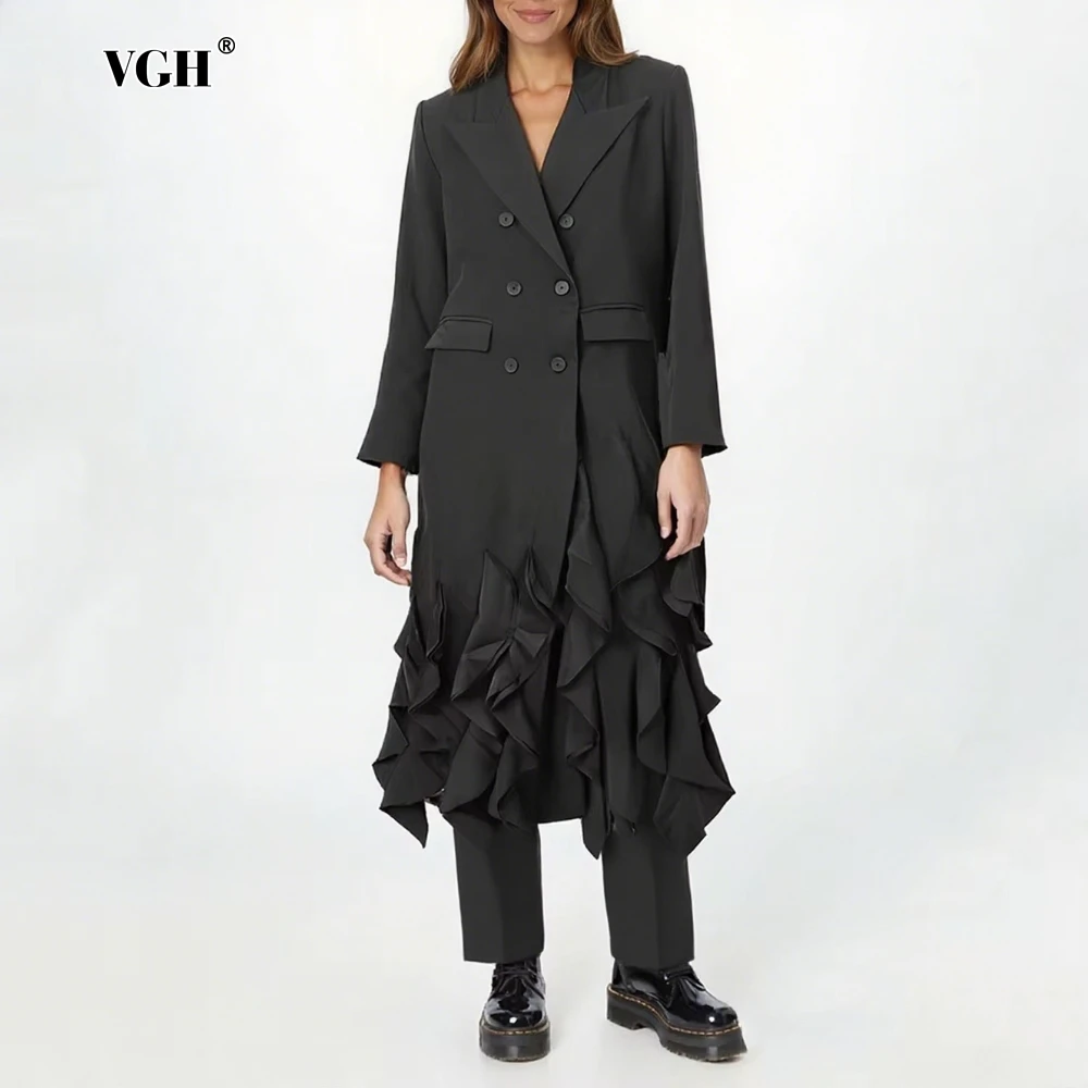

VGH Black Office Asymmetrical Design Coats for Women Notched Collar Long Sleeve Patchwork Ruffles Fashionable Trench Female New