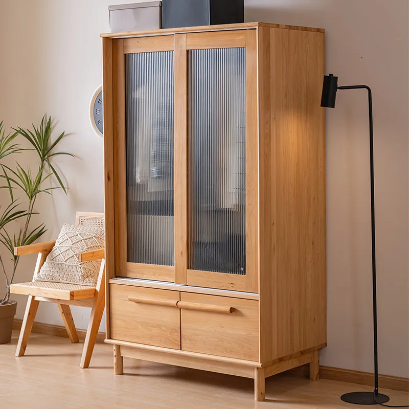 Solid wood sliding door children's wardrobe Changhong glass sliding door home bedroom storage cypress bud furniture