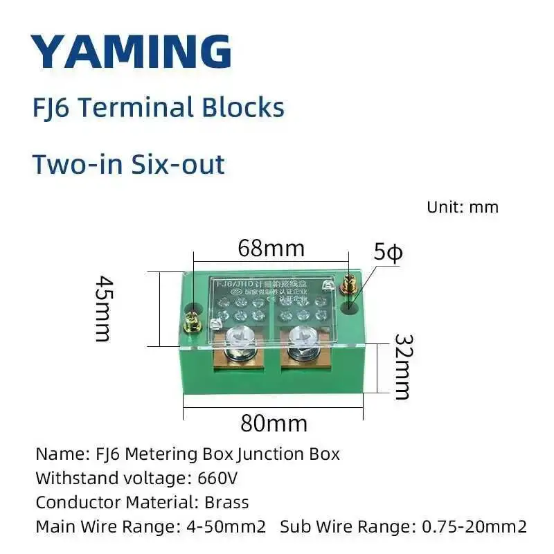 Bornier série FJ6, boîte de jonction de fil à deux entrées et plus sorties, câblage haute puissance, conducteur en laiton 660V