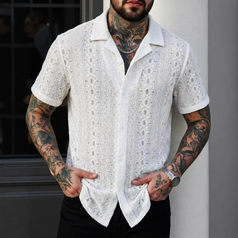 Men European Size Knit Jacquard Short Sleeve Shirt Lapel Button Down Beach Casual Summer Top S 5XL