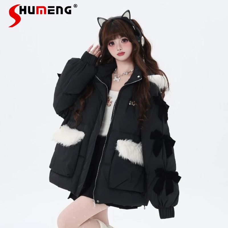 Japanese Sweet Cute Long Sleeves Zipper Parkas Three-dimensional Bow Versatile Black Fur Collar Thickened Warm Down Coat Winter