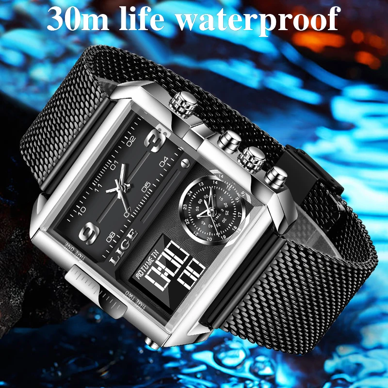 LIGE Fashion Black Steel Watch Men Digital Dual Display Watch Sports Chronograph Waterproof Quartz Wristwatch Men Military Watch