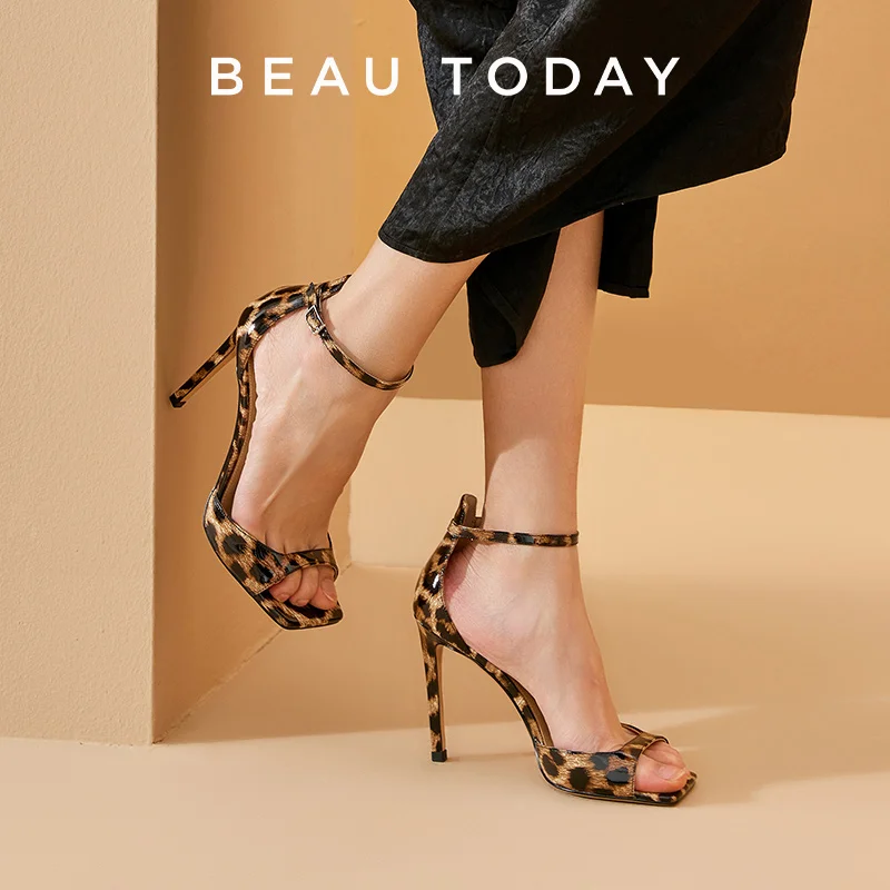 BEAUTODAY Sandals Women Genuine Cow Leather Leopard Print Thin Heel Ankle Strap Ladies Party Shoes High Heel Handmade 31273