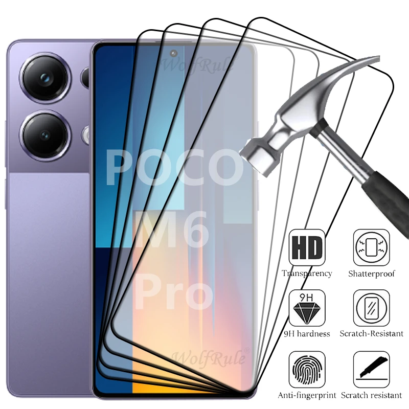 

4pcs For Poco M6 Pro Glass For Poco M6 Pro Tempered Glass Full Cover Glue 9H HD Protective Screen Protector Xiaomi Poco M6 Pro