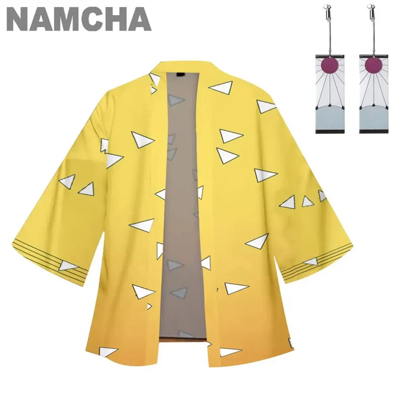 Anime kamado tanjirou cosplay traje kamado nezuko giyuu tomioka quimono capas jaqueta cardigan com clipes de orelha