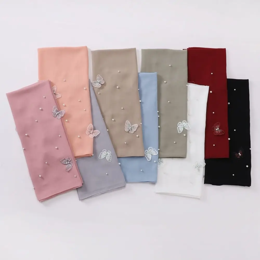

Luxury Beaded Satin Hijab Pearl Solid Color Silk Headscarf Silk Bandana Butterfly Chiffon Scarf Girls